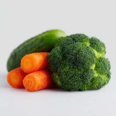 A colorful mix of broccoli, cucumber, and carrots showcases healthy choices.の素材