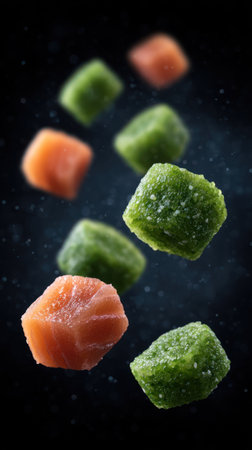 Vibrant veggies and fish form a fresh, artistic culinary display.の素材