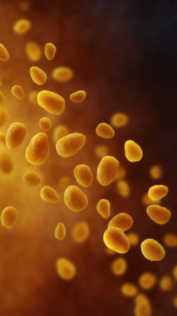 Pollen grains are suspended in a warm golden atmosphere, creating a serene moment.の素材