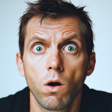 A man shows dramatic surprise with wide eyes and an open mouth in a bright studio.の素材