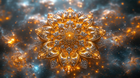 A stunning golden flower shines brightly among sparkling stars in a vibrant cosmic scene.の素材
