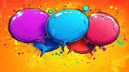 Vibrant speech bubbles in blue, pink, and red float against a bright orange backdrop.の素材