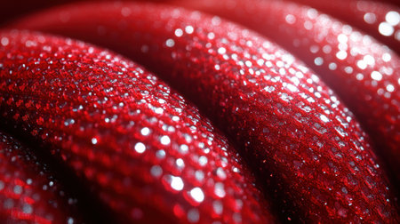 Close up view of a shiny red surface featuring a textured pattern that glimmers.の素材