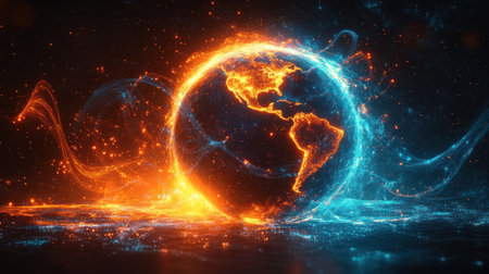 A vivid depiction of Earth illuminated with flames and icy blue light swirling around it.の素材