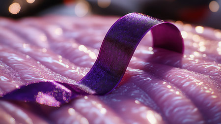 A purple ribbon rests on a vibrant pink surface, highlighting beautiful textures.の素材