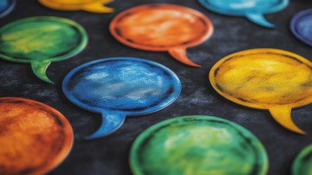 Colorful speech bubbles pop against a dark textured background, inspiring conversations.の素材