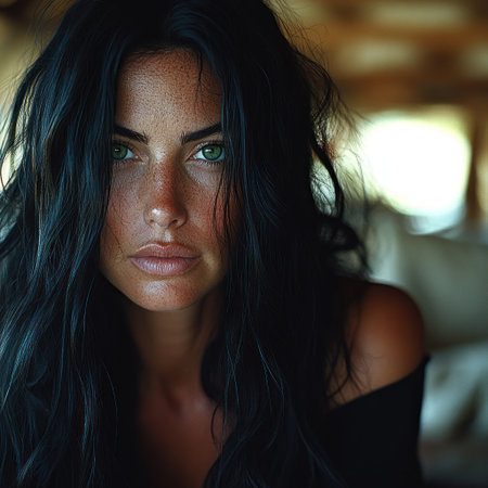 Young woman with tousled hair and green eyes gazes thoughtfully in a cozy space.の素材