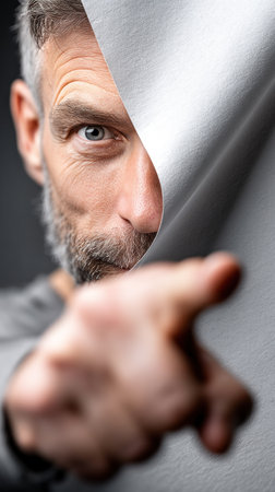 A man playfully peeks from behind a curtain, engaging viewers with a focused stare.の素材