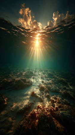 Golden sunlight streams into the tranquil sea, illuminating hidden coral formations below.の素材