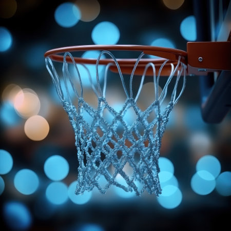 A basketball hoop lit by blue lights creates a striking night visual.の素材