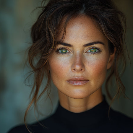 A woman with enchanting green eyes and radiant skin lights up the scene.の素材