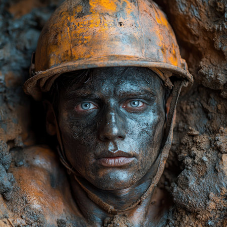 A miner's focused, gritty face emerges from the earth, covered in dirt.の素材