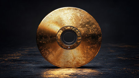 A golden vinyl record stands alone, reflecting light in a dark setting, evoking nostalgia.の素材