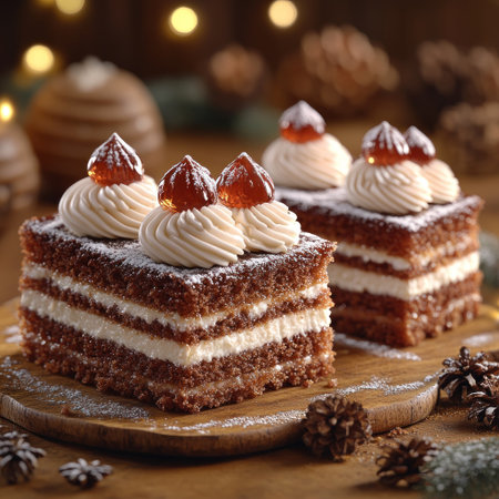 Chocolate cake with creamy frosting and toppings makes a festive treat.の素材