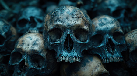 Close up of ancient skulls stacked, forming a haunting yet captivating scene.の素材