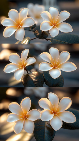 Plumeria flowers shine with bright petals and green leaves in warm sunlight.の素材