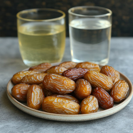 Dates arranged on a plate alongside two glasses of water in a warm, inviting atmosphere.の素材