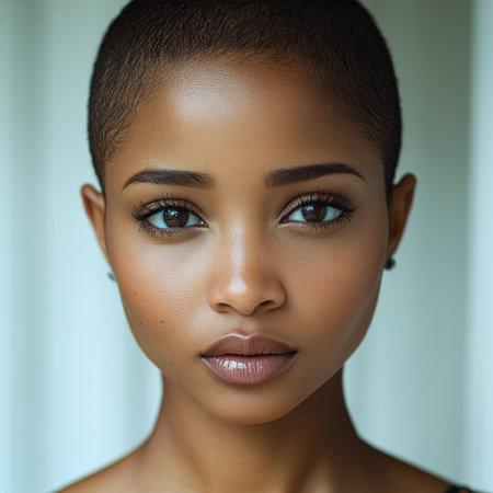 A young woman with short hair gazes confidently, showing natural beauty and elegance.の素材