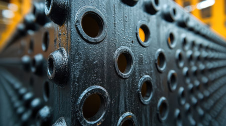 Highlight a detailed industrial material with circular features in a workshop.の素材