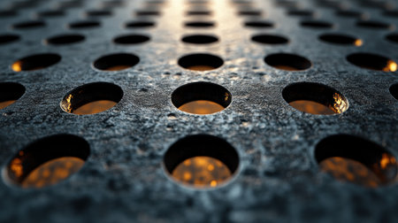 Metal surface has circular holes that let light shine through, creating warmth.の素材