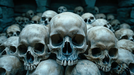Skulls fill the dim space, creating an eerie and captivating atmosphere.の素材