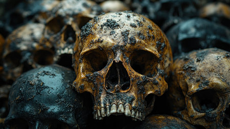 Skulls of various textures and colors arranged closely, showcasing a glimpse into history.の素材