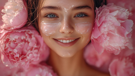 A young woman smiles warmly while enjoying a facial treatment, surrounded by pink peonies.の素材