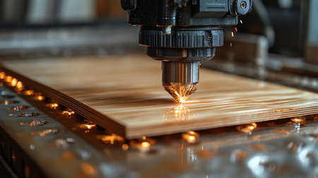 Laser cutter operates skillfully, creating detailed designs on a wooden surface.の素材