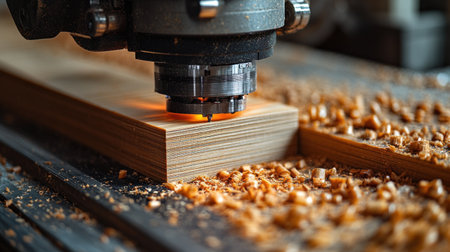 Wood shavings scatter on the floor as a machine carves a wooden piece carefully.の素材