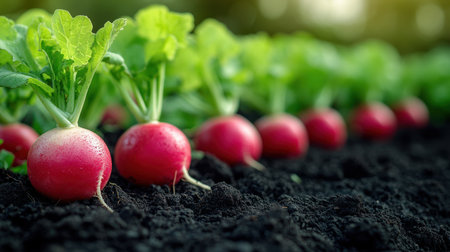 Fresh red radishes grow in neat rows, thriving in rich soil on a sunny day.の素材