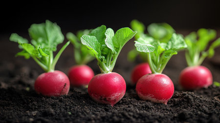 Radishes stand tall in rich soil, displaying bright red roots and green leaves.の素材