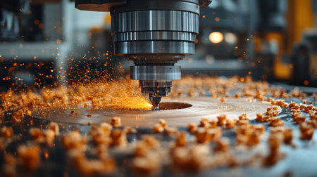 The cutting tool spins quickly, sending sparks and metal chips flying.の素材