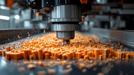 CNC machine carves intricate designs from material, creating vibrant orange shavings.の素材