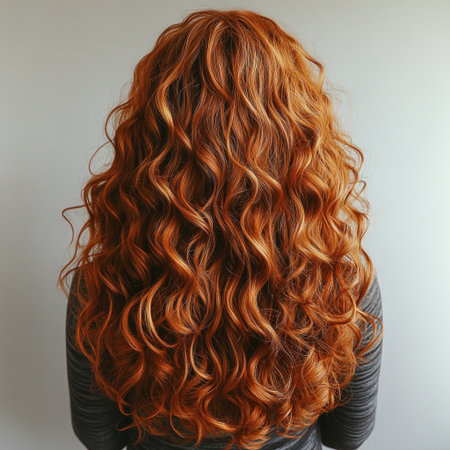 Curly hair sparkles with rich color, creating a stunning contrast with neutrals.の素材