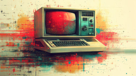 A retro computer sits amid vibrant abstract splashes, invoking nostalgia.の素材