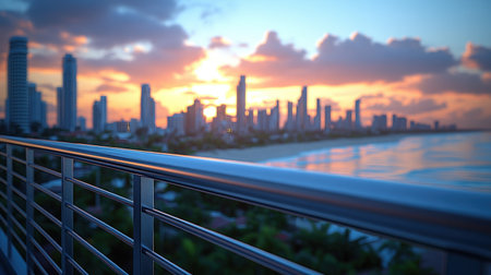 Stunning view of Cartagena's skyline as sunset paints the sky and water vibrant hues.の素材