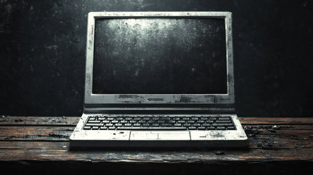 A neglected laptop with a grimy screen rests on a rustic wooden surface in low light.の素材