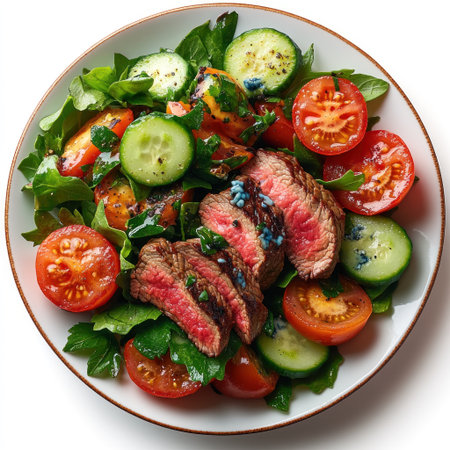 A delicious salad featuring slices of juicy steak, fresh greens, and vibrant vegetables.の素材