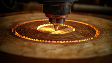 A skilled craftsman uses a laser cutter to engrave beautiful wooden patterns.の素材