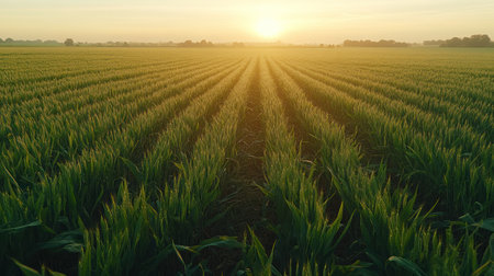 Morning light shines on the vibrant cornfield, highlighting green rows and soft clouds.の素材
