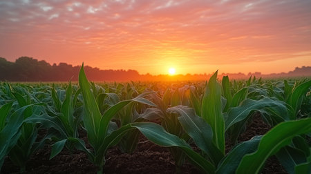 Corn plants bask in the warm glow of the rising sun, signaling a new day on the farm.の素材