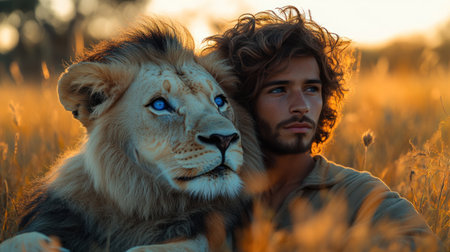 A young man sits beside a lion, their bond visible in the serene landscape during sunset.の素材