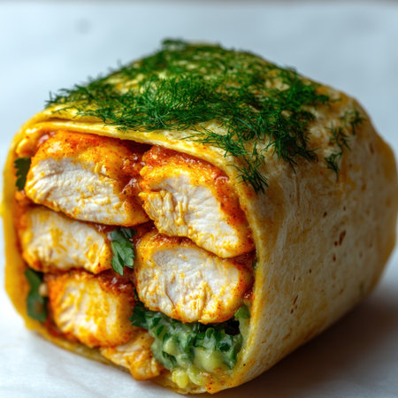 A colorful chicken wrap filled with tender pieces of grilled chicken and fresh herbs.の素材