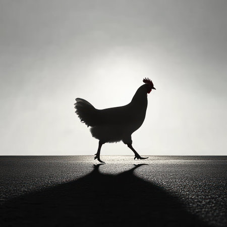 A chicken walks alone on a deserted road, casting a long shadow at sunrise.の素材