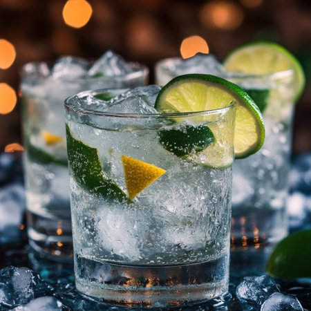Colorful drinks with lime and mint sit on crushed ice, glowing under warm bar lights.の素材