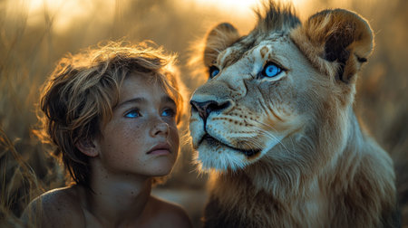 A young boy gazes at a lion in a peaceful setting during sunset, capturing a unique bond.の素材