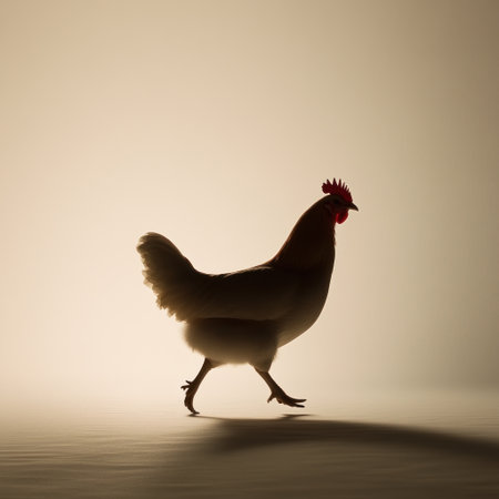 A hen walks confidently, its silhouette outlined by soft golden light in the background.の素材