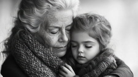 Grandmother and granddaughter share a tender moment wrapped in warm scarves.の素材