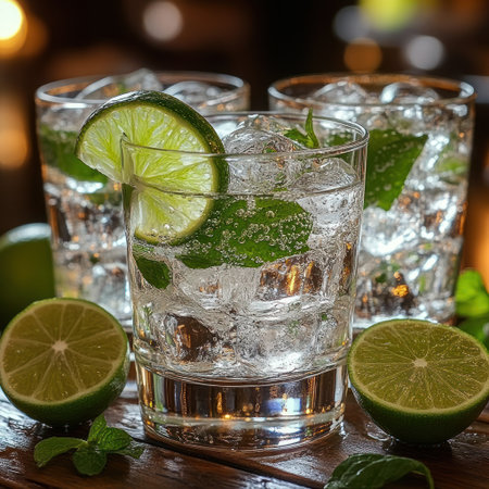 Delicious drinks with ice, lime slices, and mint leaves create a relaxing vibe at night.の素材