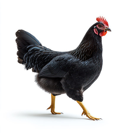 A sleek black chicken walks gracefully across a white surface.の素材